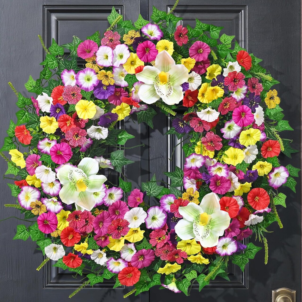 Spring Summer Wreaths for Front Door, 24 Inch Large Floral Door Wreath with Magnolia Petunia Flowers and Ivy Leaves, Farmhouse Spring Summer Wreath for Porch Wall Indoor Outdoor Decor